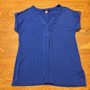 Cable & Gauge Small Women's Blue V Neck Cap Sleeve Top Button Back Shirt Blouse
